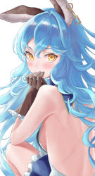Rule 34 | 1girl, animal ears, backboob, backless dress, backless outfit, bare shoulders, blue hair, blush, breasts, brown gloves, chain, collared dress, covering own mouth, dress, earrings, erune, ferry (granblue fantasy), frilled dress, frilled gloves, frills, from behind, gloves, granblue fantasy, hair between eyes, hand over own mouth, highres, huziko32, jewelry, long hair, looking at viewer, looking back, orange eyes, simple background, sitting, solo, upper body, white background