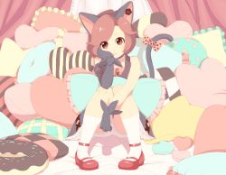 Rule 34 | 1girl, abusan, animal ears, bloomers, brown eyes, brown hair, cat ears, cat tail, doughnut, food, frilled pillow, frills, gloves, highres, kemonomimi mode, mary janes, meiko (vocaloid), pillow, sakine meiko, shoes, short hair, sitting, skine meiko, smile, solo, tail, underwear, vocaloid