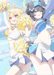 Rule 34 | 2girls, absurdres, ahoge, animal ears, applepie (12711019), bare shoulders, black hair, blonde hair, blue archive, blue eyes, blush, bracelet, braid, breasts, cleavage, confetti, criss-cross halter, dog ears, dog tail, eyewear on head, gloves, goggles, halo, halterneck, hibiki (blue archive), hibiki (cheer squad) (blue archive), highres, holding, holding pom poms, jewelry, kotori (blue archive), kotori (cheer squad) (blue archive), large breasts, long hair, low twintails, millennium cheerleader outfit (blue archive), miniskirt, multiple girls, navel, open mouth, pleated skirt, pom pom (cheerleading), pom poms, ponytail, red eyes, short hair, short twintails, sidelocks, skirt, smile, sports bra, star sticker, sticker on face, tail, thigh strap, thighs, twintails, white gloves, white skirt