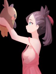 Rule 34 | 1girl, aqua eyes, asymmetrical bangs, black background, black hair, breasts, creatures (company), dress, expressionless, female focus, from side, game freak, gen 8 pokemon, hair ribbon, highres, holding, holding pokemon, hsien, looking at another, marnie (pokemon), medium hair, morpeko, morpeko (full), nintendo, nipples, outstretched arms, perky breasts, pink dress, pokemon, pokemon (creature), pokemon swsh, profile, red ribbon, ribbon, simple background, small breasts, standing, twintails