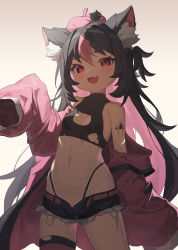 Rule 34 | 1girl, :3, :d, absurdres, animal ear fluff, animal ears, arm tattoo, bare shoulders, belt, beret, black hair, black shirt, black shorts, blush, breasts, cat cutout, cat ears, cat girl, cat hat ornament, cleavage cutout, clothing cutout, collarbone, colored inner hair, commentary request, covered collarbone, cowboy shot, crop top, cutoffs, dark-skinned female, dark skin, eyelashes, fang, gradient background, hair between eyes, hand up, hat, hat ornament, highleg, highleg panties, highres, jacket, lmonster guai, long hair, long sleeves, looking at viewer, midriff, multicolored hair, navel, off shoulder, one side up, open belt, open clothes, open fly, open jacket, open mouth, original, panties, panty straps, pink belt, pink hair, pink hat, pink jacket, pink thighhighs, red eyes, shirt, short shorts, shorts, sidelocks, single thighhigh, skin fang, sleeveless, sleeveless shirt, sleeveless turtleneck, sleeves past fingers, sleeves past wrists, small breasts, smile, solo, standing, stomach, tattoo, thick eyebrows, thighhighs, torn clothes, torn thighhighs, turtleneck, two-tone hair, underwear, very long hair