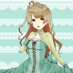 Rule 34 | 10s, 1girl, :o, ascot, bow, brown hair, cross-laced clothes, dress, green dress, hair bow, highres, lace, lace background, long sleeves, looking at viewer, love live!, love live! school idol festival, love live! school idol project, minami kotori, one side up, open mouth, side ponytail, solo, takae (poupee en biscuit), yellow eyes