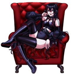 Rule 34 | 1girl, absurdres, alternate costume, barbiedraw, black footwear, black hair, black shorts, black thighhighs, boots, chair, commentary, cross-laced footwear, detached sleeves, english commentary, fangs, green eyes, highres, lace-up boots, long hair, looking at viewer, looking to the side, mika melatika, multicolored hair, nijisanji, nijisanji id, open mouth, red hair, shorts, smile, solo, streaked hair, thighhighs, very long hair, virtual youtuber