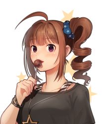Rule 34 | 1girl, ahoge, blush, bra strap, bracelet, breasts, brown hair, candy, collarbone, drill hair, food, idolmaster, idolmaster million live!, jewelry, kamille (vcx68), large breasts, lollipop, looking at viewer, necklace, parted lips, purple eyes, short hair, side drill, solo, star (symbol), star necklace, upper body, yokoyama nao