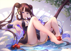 Rule 34 | 1girl, absurdres, bare shoulders, barefoot, black dress, blunt bangs, breasts, brown hair, center opening, china dress, chinese clothes, detached sleeves, double bun, dress, fate/grand order, fate (series), hair bun, hair ornament, highres, huge filesize, leaf hair ornament, long hair, panties, pantyshot, pipa (instrument), purple eyes, side slit, sidelocks, small breasts, solo, thighs, twintails, underwear, very long hair, xiaoshan jiang, yang guifei (fate), yang guifei (first ascension) (fate)