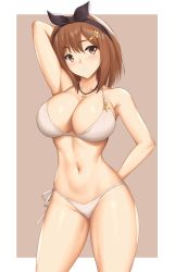 Rule 34 | 1girl, arcie albano, arm behind head, arm up, armpits, atelier (series), atelier ryza, atelier ryza 1, bare shoulders, bikini, blush, border, braid, breasts, brown background, brown eyes, brown hair, cleavage, collarbone, hairband, highres, jewelry, key, large breasts, looking at viewer, navel, necklace, open mouth, reisalin stout, short hair, side braid, smile, solo, swimsuit, thighs, white border