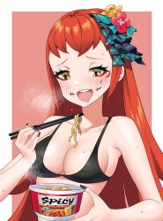 Rule 34 | 1girl, absurdres, aqua eyeshadow, bare shoulders, black bra, black nails, bra, breasts, commission, commissioner upload, eyeliner, eyeshadow, facial mark, fire emblem, fire emblem engage, highres, igni tion, makeup, medium breasts, nail polish, nintendo, nissin cup noodle, non-web source, open mouth, orange hair, panette (fire emblem), red eyeliner, short bangs, solo, stitched mouth, stitches, underwear, yellow eyes