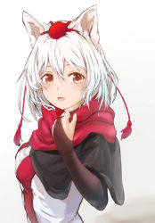 Rule 34 | 1girl, animal ears, bad id, bad nicoseiga id, black capelet, black gloves, blush, bridal gauntlets, capelet, commentary request, elbow gloves, gloves, gradient background, grey background, hair between eyes, hand up, hat, highres, inubashiri momiji, red eyes, red scarf, risiyun, scarf, shirt, short hair, silver hair, solo, tassel, tokin hat, touhou, upper body, white background, white shirt, wolf ears