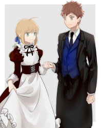 Rule 34 | 1boy, 1girl, ahoge, alternate costume, apron, artoria pendragon (all), artoria pendragon (fate), black apron, black jacket, black neckwear, blonde hair, blue ribbon, blue vest, brown eyes, brown hair, bustier, closed mouth, couple, dress, emiya shirou, enmaided, eye contact, fate/stay night, fate (series), green eyes, grey background, hair ribbon, holding hands, jacket, long dress, long skirt, long sleeves, looking at another, maid, necktie, open clothes, open jacket, ribbon, saber (fate), short hair, skirt, suzuakks, two-tone background, vest, waist apron, white apron, white background
