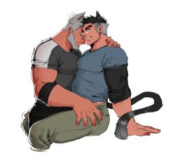 Rule 34 | 2boys, absurdres, animal ears, bad id, bad twitter id, bara, beard, belly, between legs, blue shirt, cat boy, cat ears, cat tail, clothes pull, cropped legs, facial hair, grey hair, hand under clothes, heads together, highres, kemonomimi mode, large pectorals, looking at viewer, male focus, matty (radicallymaxton), mature male, multicolored hair, multiple boys, muscular, muscular male, original, pants, pants pull, pectoral docking, pectoral press, pectorals, pulling another&#039;s clothes, shirt, short hair, sideburns, smile, tail, thick eyebrows, thick thighs, thighs, tight clothes, tight shirt, two-tone hair, yaoi
