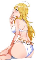 Rule 34 | 1girl, absurdres, ahoge, ass, bare shoulders, barefoot, belly chain, bikini, blonde hair, blush, breasts, commentary request, green eyes, highres, hoshii miki, idolmaster, idolmaster (classic), jewelry, katsu (kana), large breasts, long hair, looking at viewer, open mouth, smile, solo, swimsuit, white bikini