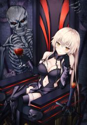 Rule 34 | 1girl, absurdres, armored boots, bare shoulders, black dress, black legwear, boots, breasts, chain, cleavage, cleavage cutout, closed mouth, clothing cutout, crossed legs, cup, dress, drinking glass, elbow gloves, fate/grand order, fate (series), fur-trimmed gloves, fur-trimmed legwear, fur trim, gloves, hand on own cheek, hand on own face, highres, holding, holding cup, jeanne d&#039;arc (fate), jeanne d&#039;arc alter (avenger) (fate), jeanne d&#039;arc alter (avenger) (third ascension) (fate), jeanne d&#039;arc alter (fate), large breasts, long hair, looking at viewer, navel, navel cutout, shuvi (shuvi1125), sitting, skeleton, skull, sword, weapon, white hair, wine glass, yellow eyes
