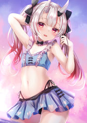 Rule 34 | 1girl, arm behind head, arm up, bare arms, bikini, black ribbon, blue bikini, blue skirt, blush, cowboy shot, fangs, gradient hair, hair ribbon, hand up, heart, heart print, highres, hololive, horns, long hair, looking at viewer, miniskirt, multicolored hair, nakiri ayame, nakiri ayame (hololive summer 2019), navel, open mouth, print skirt, red eyes, red hair, ribbon, skin-covered horns, skirt, smile, solo, standing, stomach, swimsuit, virtual youtuber, white hair, yuano