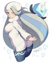 Rule 34 | 1girl, blue eyes, blush, breasts, creatures (company), dated, earrings, eiscue, eiscue (ice), eyelashes, game freak, gen 8 pokemon, hat, highres, iroyopon, jewelry, long hair, long sleeves, looking at viewer, mature female, melony (pokemon), multicolored hair, nintendo, one eye closed, pantyhose, pantyhose under shorts, pokemon, pokemon (creature), pokemon swsh, puckered lips, ring, scarf, shorts, signature, simple background, streaked hair, white background, white headwear, white scarf