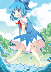 Rule 34 | 1girl, barefoot, blue eyes, blue hair, blush, bow, cirno, dress, female focus, hair bow, ice, ice wings, matching hair/eyes, nature, outdoors, pop (lovelikepop), short hair, sky, solo, touhou, water, wings