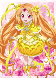 Rule 34 | 10s, 1girl, boots, bow, brooch, bubble skirt, circlet, cure muse, cure muse (yellow), dress, eyelashes, frills, full body, gathers, hair ribbon, heart, jewelry, knee boots, long hair, magical girl, nakahira guy, orange hair, orange skirt, precure, purple background, red eyes, ribbon, shirabe ako, skirt, smile, solo, standing, standing on one leg, star (symbol), starry background, suite precure, yellow bow