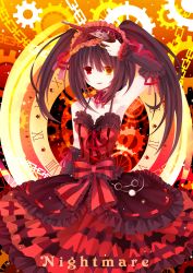 Rule 34 | 10s, 1girl, absurdres, bare shoulders, black hair, breasts, chain, clock, clock eyes, date a live, dress, english text, gears, gun, hairband, heterochromia, highres, lolita fashion, lolita hairband, long hair, looking at viewer, moseley, red eyes, ribbon, rifle, roman numeral, smile, solo, symbol-shaped pupils, tokisaki kurumi, twintails, uneven twintails, weapon, yellow eyes