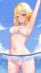 Rule 34 | 1girl, absurdres, armpits, arms up, bare shoulders, bikini, blonde hair, breasts, cleavage, collarbone, cowboy shot, front-tie top, genshin impact, gluteal fold, groin, hair between eyes, halterneck, halterneck, highres, light blush, long hair, looking at viewer, lowleg, lowleg bikini, lumine (genshin impact), medium breasts, navel, ocean, one eye closed, open mouth, orange eyes, outdoors, partially submerged, partially underwater shot, sidelocks, sky, solo, strap gap, stretching, string bikini, swimsuit, underwater, verozy, water, white bikini