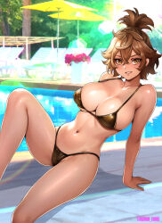 Rule 34 | 1girl, arm support, bare arms, bare shoulders, bikini, breasts, brown bikini, brown eyes, brown hair, commentary request, crossed bangs, day, feet out of frame, felsi rollo, grin, gundam, gundam suisei no majo, hair between eyes, highres, knee up, large breasts, light rays, looking at viewer, navel, outdoors, oyaman, poolside, shadow, smile, solo, stomach, string bikini, sunbeam, sunlight, swimsuit, topknot, twitter username, water