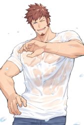 Rule 34 | 00047, 1boy, alternate hairstyle, beard, blue eyes, brown hair, denim, facial hair, fate/grand order, fate (series), jeans, large pectorals, long sideburns, looking at viewer, male focus, muscular, one eye closed, open mouth, pants, pectorals, scar, see-through, sideburns, smile, solo, upper body, wet, wet clothes, wet hair