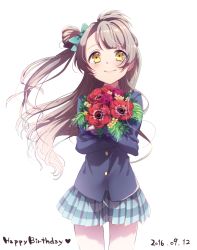 Rule 34 | 10s, 1girl, 2016, blazer, bouquet, bow, chiigo, commentary request, cowboy shot, crossed arms, dated, flower, green bow, grey hair, hair bow, hair bun, happy birthday, holding, holding bouquet, jacket, long hair, long sleeves, looking at viewer, love live!, love live! school idol project, minami kotori, one side up, plaid, plaid skirt, pleated skirt, side bun, simple background, single side bun, skirt, smile, solo, white background, yellow eyes