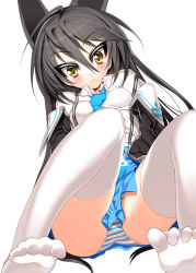 Rule 34 | 1girl, animal ears, black hair, blush, char, face, feet, highres, long hair, necro-san, no shoes, original, panties, pantyshot, revision, sitting, soles, solo, spread toes, striped clothes, striped panties, thighhighs, toes, underwear, very long hair, white thighhighs, yellow eyes