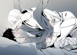 Rule 34 | 2boys, bed, black hair, blanket, blue eyes, blurry, blush, depth of field, embarrassed, gradient background, grey background, greyscale, hand on another&#039;s mouth, jewelry, katsuki yuuri, long sleeves, lying, male focus, monochrome, multiple boys, open mouth, pillow, ring, robe, short hair, simple background, spot color, spread legs, twitter username, viktor nikiforov, white hair, yaoi, yuri!!! on ice