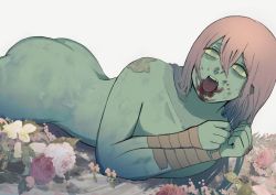 Rule 34 | 1other, agehama, ambiguous gender, ass, blood, colored skin, completely nude, empty eyes, flower, green eyes, green skin, highres, long hair, looking at viewer, lying, nude, on stomach, open mouth, original, solo, tape, teeth, tongue, tongue out, veins, zombie