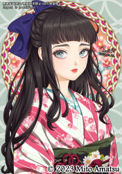Rule 34 | 1girl, black hair, blue bow, blue eyes, blunt bangs, bow, dated, hair bow, highres, japanese clothes, kimono, long hair, mito amatsu, obi, original, red lips, sash, signature, solo, striped clothes, striped kimono, upper body, watermark