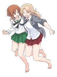 Rule 34 | 2girls, arm around shoulder, barefoot, black neckwear, blonde hair, blouse, brown eyes, brown hair, closed eyes, collared shirt, commentary, emblem, girls und panzer, green skirt, hair intakes, jacket, kay (girls und panzer), long hair, long sleeves, looking at another, loose necktie, miniskirt, multiple girls, mutsu (layergreen), neckerchief, necktie, nishizumi miho, ooarai school uniform, open clothes, open jacket, open mouth, pleated skirt, sailor collar, saunders school uniform, school uniform, serafuku, shirt, short hair, side-by-side, simple background, skirt, sleeves rolled up, smile, white background, white sailor collar, white shirt