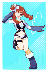 Rule 34 | 1girl, ;d, badge, black eyes, blue background, breasts, brown hair, cosplay, creatures (company), fang, full body, game freak, gym leader badge, hair bun, hibikileon, highres, jet badge, looking at viewer, may (pokemon), medium breasts, medium hair, midriff, navel, nintendo, one eye closed, open mouth, pokemon, pokemon adventures, pokemon bw, polka dot, polka dot background, short shorts, shorts, single hair bun, skyla (pokemon), skyla (pokemon) (cosplay), smile, solo, standing, standing on one leg, twintails