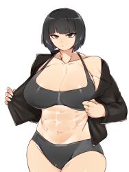 Rule 34 | 1girl, abs, black hair, black shorts, bloomers, bob cut, breasts, cleavage, grey eyes, hanzo (2929), highres, jacket, large breasts, muscular, muscular female, original, shorts, solo, tank top, underwear, undressing, white background