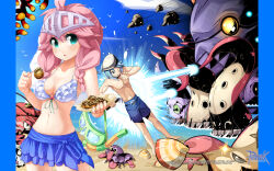 1boy 1girl aster_(ragnarok_online) beach beret bikini bikini_top_only blue_eyes blue_hair blue_skirt blue_sky braid breasts clam clenched_teeth cloud copyright_notice cornutus cowboy_shot crown food goggles hat highres holding holding_food king_dramoh kraken_(ragnarok_online) logo long_hair low_twin_braids medium_breasts mid_(ragnarok_online) ocean official_art official_wallpaper one_eye_closed ooyama_kina open_mouth outdoors pink_hair ragnarok_online red_eruma rune_(ragnarok_online) shellfish_(ragnarok_online) short_hair skirt sky starfish swimsuit takoyaki teeth tentacles twin_braids unworn_goggles visor_(armor) water white_bikini white_hat