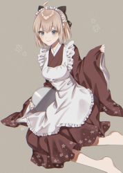 Rule 34 | 1girl, ahoge, apron, bare legs, barefoot, black bow, blonde hair, bow, breasts, brown kimono, fate/grand order, fate (series), feet, frilled apron, frills, grey eyes, hair bow, highres, holding, holding plate, japanese clothes, kimono, koha-ace, maid, maid apron, maid headdress, medium breasts, nail polish, okita souji (fate), okita souji (koha-ace), oshage (osyage921), patterned clothing, pinching sleeves, plate, short hair, sitting, smile, wa maid