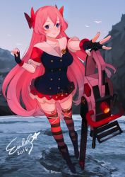 Rule 34 | 1girl, 2016, artist name, belt boots, belt pouch, bird, blue eyes, blush, boots, bow, breasts, buttons, chainsaw, eules, fingerless gloves, full body, gloves, hair bow, hairband, highres, long hair, looking at viewer, original, outdoors, pin, pink bow, pink hair, pink thighhighs, pouch, screwdriver, short sleeves, skirt, smile, solo, standing, striped clothes, striped thighhighs, thighhighs, very long hair, water, wrench, zettai ryouiki