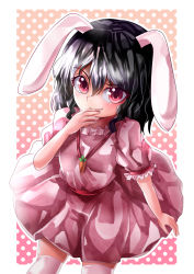 Rule 34 | 1girl, absurdres, animal ears, black hair, commentary request, covering own mouth, cowboy shot, dress, frilled sleeves, frills, hair between eyes, highres, inaba tewi, leaning forward, looking at viewer, mahoro (minase mahoro), medium hair, pink background, pink dress, pink eyes, polka dot, polka dot background, puffy short sleeves, puffy sleeves, rabbit ears, short sleeves, solo, thighhighs, touhou, white thighhighs