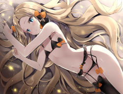 Rule 34 | 1girl, abigail williams (fate), bare shoulders, black bow, black bra, black panties, black thighhighs, blonde hair, blue eyes, blush, bow, bra, commentary request, fate/grand order, fate (series), flat chest, forehead, garter belt, hair bow, long hair, looking at viewer, lying, multiple hair bows, natsume eri, navel, on side, open mouth, orange bow, panties, parted bangs, polka dot, polka dot bow, single thighhigh, solo, stomach, stomach (organ), thighhighs, thighs, underwear, underwear only, very long hair