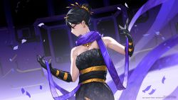 Rule 34 | 1girl, absurdres, alternate costume, animification, apex legends, arifuseyo, black dress, black gloves, black sash, breasts, cleavage, closed eyes, commentary, dress, earrings, english commentary, gloves, hair behind ear, highres, holding, holding clothes, holding scarf, indonesian clothes, jewelry, medium breasts, open hands, purple scarf, sash, scarf, solo, strapless, strapless dress, wraith (apex legends)
