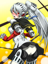 Rule 34 | 1girl, :o, android, ass, atlus, blush, breasts, highres, kamui sathi, labrys (persona), long hair, megami tensei, persona, persona 4, persona 4: the ultimate in mayonaka arena, ponytail, red eyes, shin megami tensei, silver hair, solo, yellow background