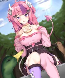 Rule 34 | 1girl, 2others, ace of bros, animal, asymmetrical legwear, bell, belt, bird, blue sky, blurry, blurry background, blush, bread, bread slice, breasts, dated, detached sleeves, duck, food, highres, horns, ironmouse, large breasts, long hair, looking at viewer, multiple others, nervous, pink hair, purple eyes, sitting, skirt, sky, tail, thighhighs, tree, virtual youtuber, vshojo