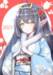 Rule 34 | 1girl, absurdres, ahoge, animal ears, blush, breasts, chinese zodiac, closed mouth, earrings, fake horns, fingers together, floral print, flower, grey hair, hair flower, hair ornament, hairband, hairclip, highres, horns, japanese clothes, jewelry, large breasts, long hair, long sleeves, looking at viewer, original, ox ears, red flower, red ribbon, ribbon, sidelocks, smile, solo, takemura kou, white flower, year of the ox, yellow eyes