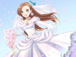 Rule 34 | 1girl, :d, blue bow, blue eyes, blue sky, bouquet, bow, breasts, bridal veil, bride, brown hair, choker, cleavage, collarbone, day, dress, earrings, elbow gloves, female focus, floating hair, flower, gloves, hair bow, highres, holding, holding bouquet, jewelry, kakiko210, katarina claes, long dress, long hair, looking at viewer, medium breasts, open mouth, otome game no hametsu flag shika nai akuyaku reijou ni tensei shite shimatta, outdoors, outstretched arm, petals, pink flower, simple background, sky, smile, solo, standing, veil, very long hair, wedding dress, white choker, white dress, white gloves