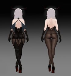 Rule 34 | 1girl, absurdly long hair, absurdres, aegir (azur lane), ass, asymmetrical footwear, azur lane, backboob, bare back, bare shoulders, black cape, black footwear, black gloves, bodystocking, boots, breast curtains, breasts, butt crack, cape, character sheet, cross, demon girl, demon horns, earrings, from behind, gloves, high heel boots, high heels, highres, horns, iron cross, jewelry, knee boots, large breasts, long hair, multiple views, skindentation, thigh gap, thong, uneven footwear, very long hair, white hair, yunsang