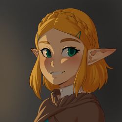 Rule 34 | 1girl, absurdres, artist name, blonde hair, blush, braid, brown cape, cape, commentary, crown braid, english commentary, gradient background, green eyes, hair ornament, hairclip, highres, looking at viewer, nintendo, parted bangs, pointy ears, portrait, princess zelda, rob ishi, short hair, smile, solo, teeth, the legend of zelda, the legend of zelda: breath of the wild, the legend of zelda: tears of the kingdom, thick eyebrows