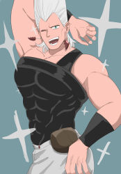 Rule 34 | 1boy, absurdres, akamaru46, arm up, blue eyes, earrings, grey hair, highres, jean pierre polnareff, jewelry, jojo no kimyou na bouken, large pectorals, looking at viewer, male focus, muscular, muscular male, one eye closed, pectorals, smile, solo, sparkle, stardust crusaders, wristband