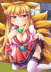 Rule 34 | 1girl, animal ears, annoyed, blonde hair, blush, breasts, cleavage, clothes lift, commentary, fox ears, fox tail, fun bo, jewelry, kitsune, kneeling, kyuubi, long hair, medium breasts, multiple tails, necklace, no nose, original, panties, shouji, side-tie panties, skirt, skirt lift, sliding doors, solo, tail, tatami, thighhighs, underwear, very long hair, wavy mouth, white thighhighs, yellow eyes