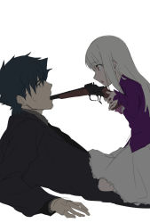 Rule 34 | 1boy, 1girl, black eyes, black hair, commentary request, emiya kiritsugu, eye contact, facial hair, fate/stay night, fate/zero, fate (series), father and daughter, flat color, from side, gun, gun in mouth, handgun, holding, holding weapon, illyasviel von einzbern, lab coat, long hair, looking at another, lying, necktie, on back, open mouth, purple shirt, red eyes, rifle-caliber handgun, rifle-caliber pistol, see eea, shirt, short hair, simple background, skirt, stubble, thompson/center contender, weapon, white background, white hair, white skirt
