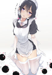 Rule 34 | 1girl, apron, black hair, elbow gloves, gloves, kneeling, long hair, maid, maid apron, maid headdress, original, panties, panty pull, purple eyes, simple background, skindentation, thighhighs, thighhighs pull, translated, twintails, underwear, unimon e, white gloves, white thighhighs