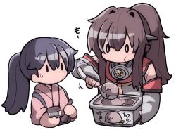 Rule 34 | 10s, 2girls, bad id, bad twitter id, black hair, brown hair, chibi, collar, comic, commentary, detached sleeves, eating, food, headgear, houshou (kancolle), ice cream, ice cream scoop, japanese clothes, kakuzatou (koruneriusu), kantai collection, kimono, long hair, long sleeves, multiple girls, neckerchief, nontraditional miko, ponytail, sidelocks, spoon, sweatdrop, translation request, upper body, white background, wide sleeves, yamato (kancolle)