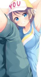 Rule 34 | 10s, 1girl, armpits, arms behind head, arms up, baseball cap, blue eyes, blue shirt, blush, breasts, brown hair, character name, collarbone, eyebrows, green pants, grin, hat, head tilt, komone ushio, looking at viewer, love live!, love live! school idol festival, love live! sunshine!!, pants, shirt, short sleeves, sitting, smile, solo, sweat, sweatpants, t-shirt, tomboy, watanabe you, white background